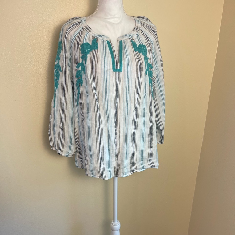 J Jill Love Linen Top L Petit Blue Stripe Embroidery Peasant Blouse Coastal Boho - Picture 2 of 14